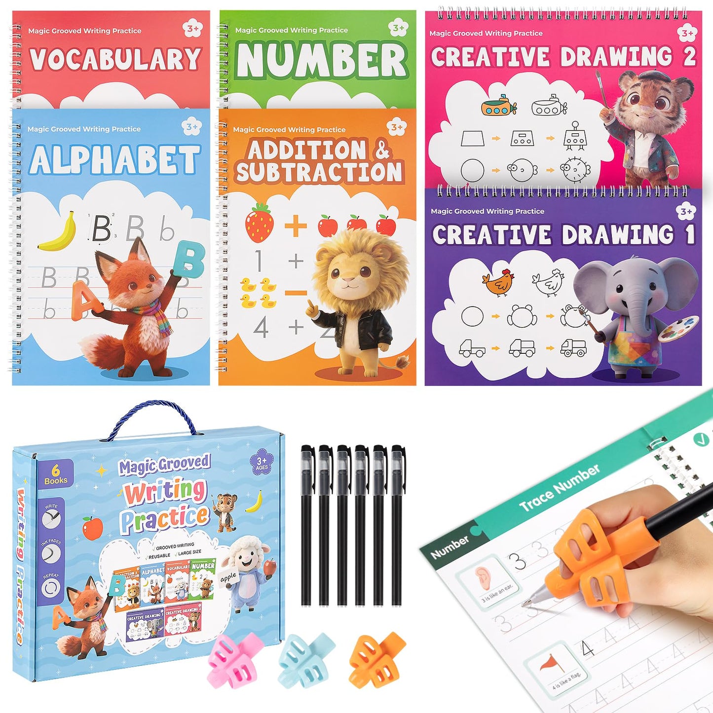 Magic Grooved Writing Practice Books, Reusable 3D Grooved Handwriting Practice for Kids Ages 3-5, Disappearing Ink Pens & Grips, Perfect Educational Gift