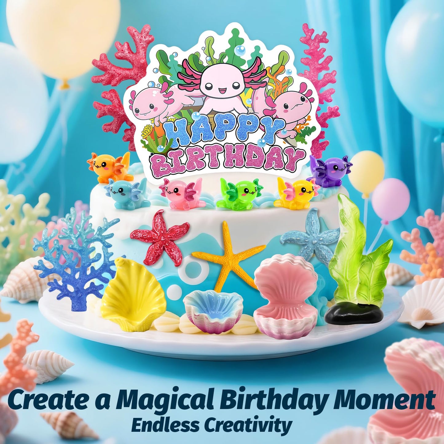 23Pcs Axolotl Cake Topper Kit, Adorable Axolotl Birthday Decorations for Cakes, Cupcakes & Party Dessert Table, Ocean Theme Party Supplies
