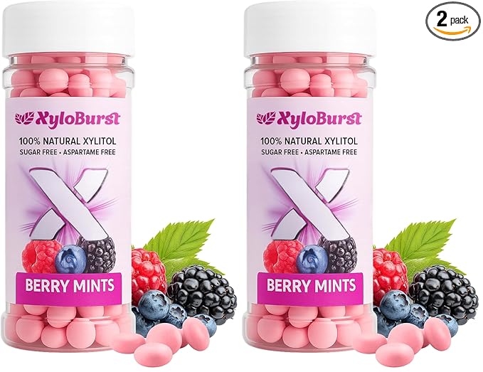 XyloBurst Mints Sugar Free Mint candies with Xylitol, Aspartame Free, Gluten Free, Vegan & Keto Friendly 200 Count Jar (1 Bottle Pack, Berry) (Pack of 2)