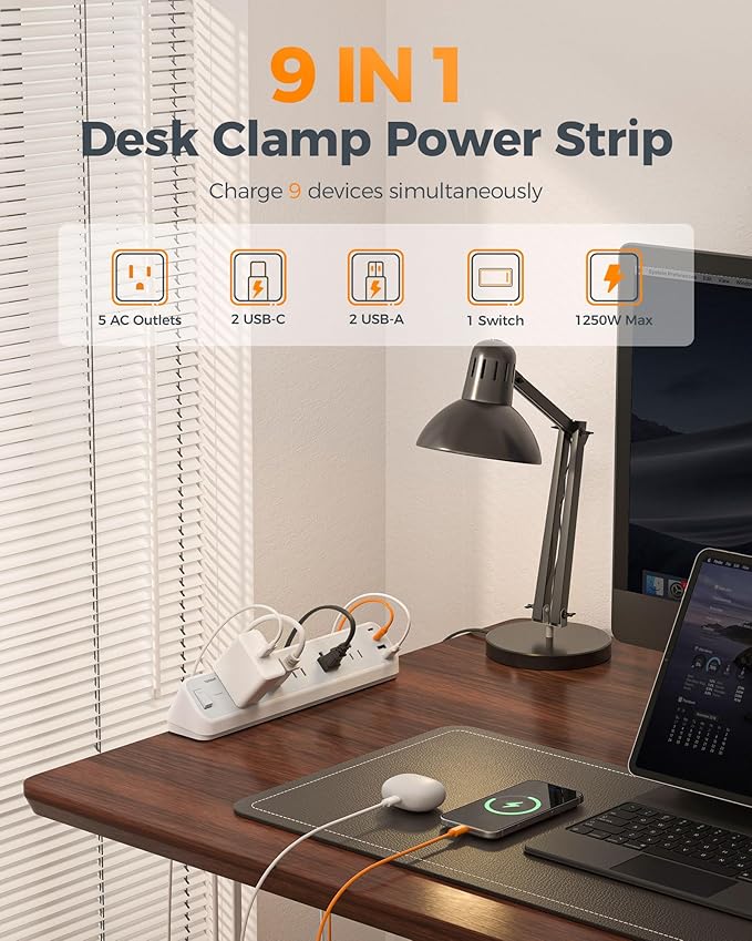 Desk Clamp Power Strip 10 Ft, TESSAN 2100J Surge Protector Desk Charging Station, 5 Outlets with 4 USB Ports (2 USB C), Flat Plug Extension Cord with Multiple Outlets for Gaming Home Office Dorm Room