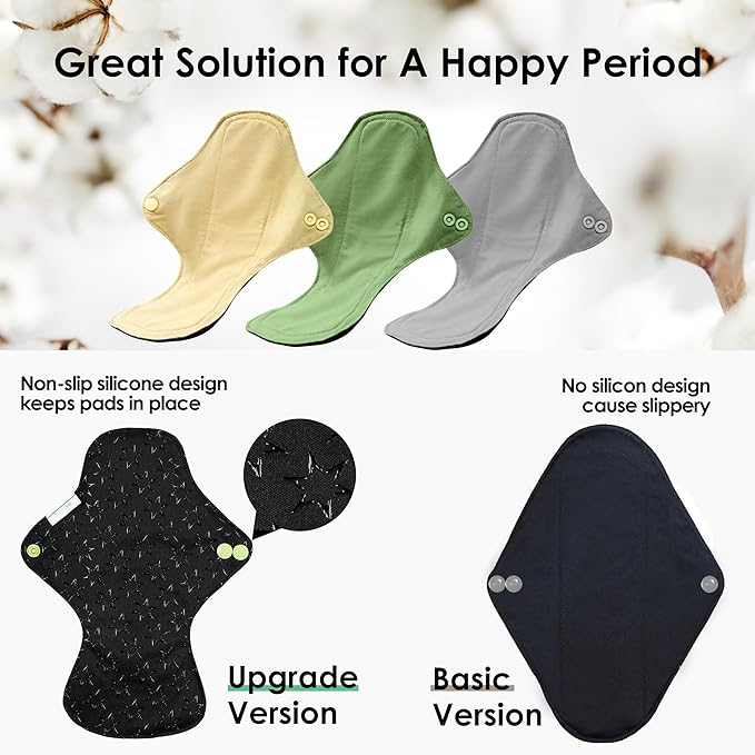 wegreeco 6 Pcs Reusable Menstrual Pads, Ultra Absorbent Cloth Pads for Heavy Flow, Sanitary for Teens, Women, Nonslip Panty Liners + Bag (Mustard Yellow, Grey, Beige, L)