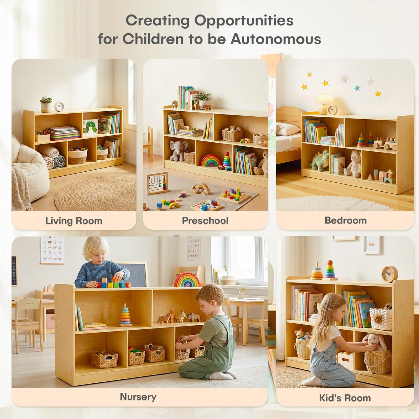 STEPLAY Montessori Shelf, Wooden Toy Storage Organizer with 2-Tier Shelf & 5-Section Storage Cabinet, Kids Bookshelf/Bookcase for Toddler Playroom, Nursery, Classroom(Natural)