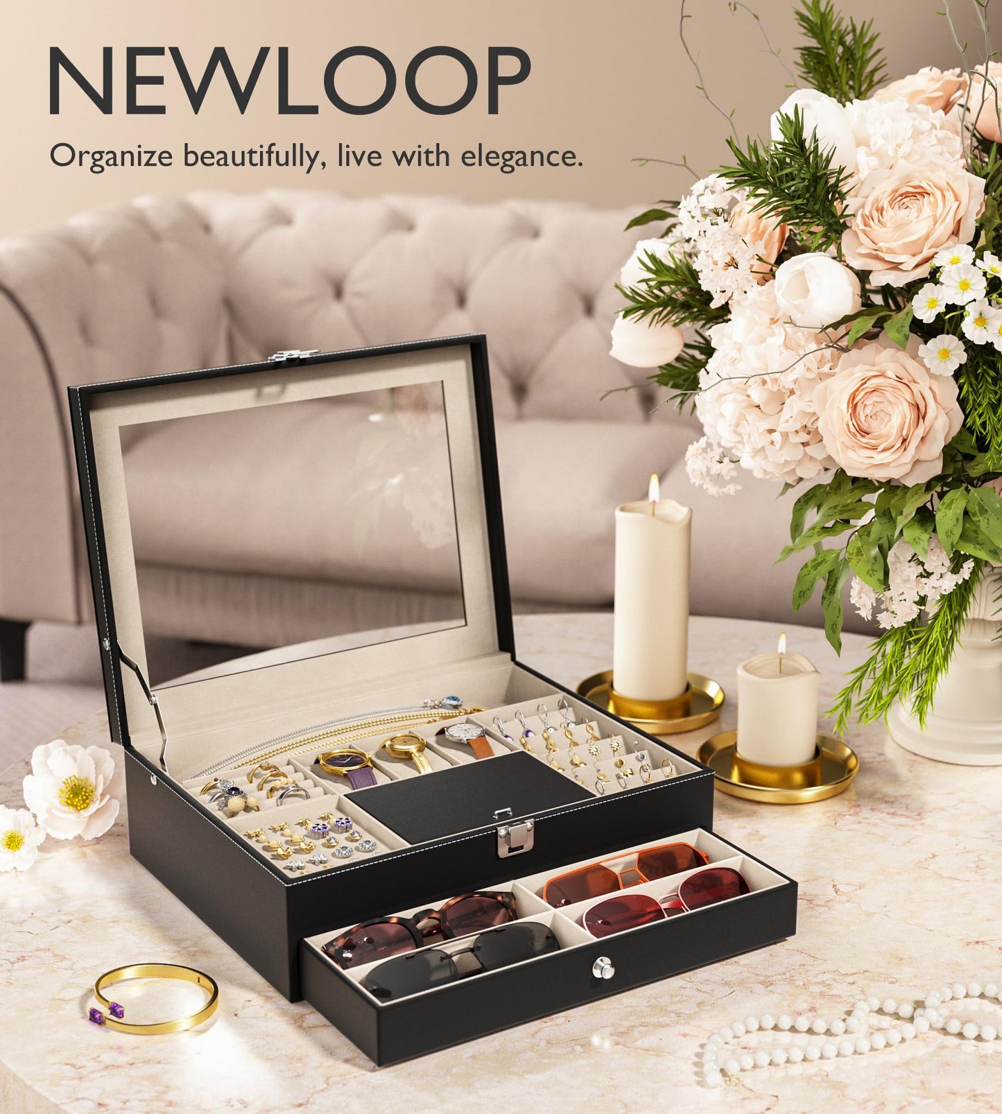 NEWLOOP Jewelry Sunglasses Organizer for Women – 2 Layer Storage Box with 10 Eyeglass Slots 3 Watch Holders Necklace and Earring Compartments Velvet Lined Jewelry Box Eyeglass Box Watch Box Display