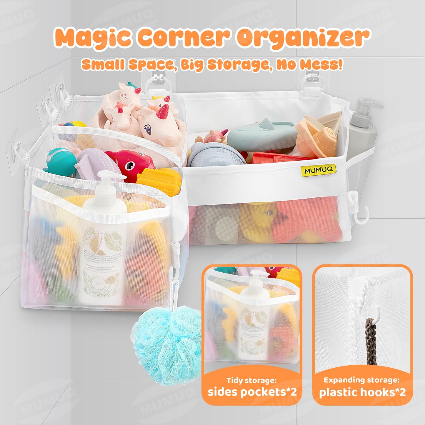 MUMUQ 3 Compartments Bath Toy Storage Corner Bath Toy Holder for Bathtub, Kids Tub Toys Organizer with Adhesive Hooks, Quick-Drying Machine-Washable Mesh Bathroom Organizer for Tidy Bathtub