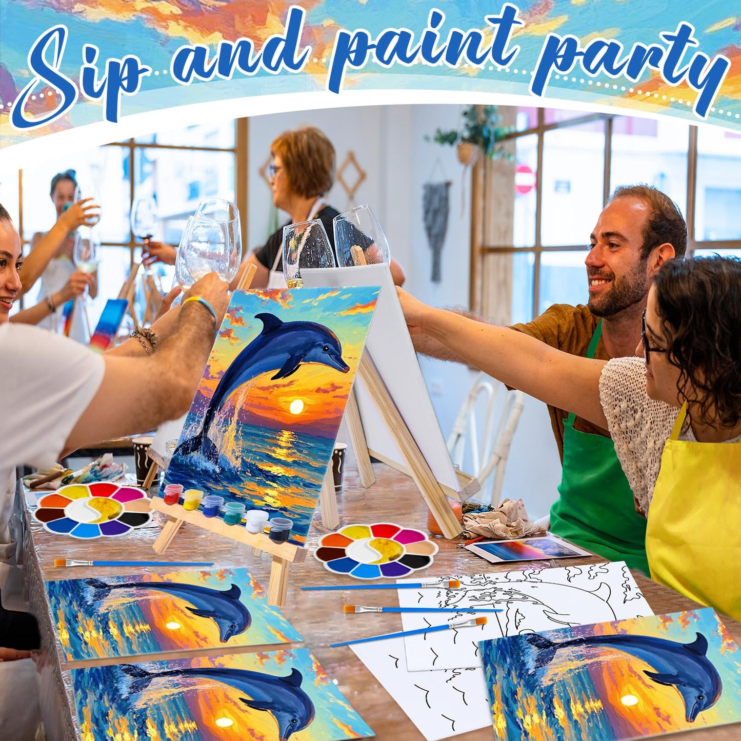Motipuns 6 Set Pre Drawn Canvas for Painting for Adults Sip and Paint Kit with Easels 8 x 10 Inches Paint Party Kit with Printed Canvas Paints Brushes Palette Apron(Sunset Dolphin)
