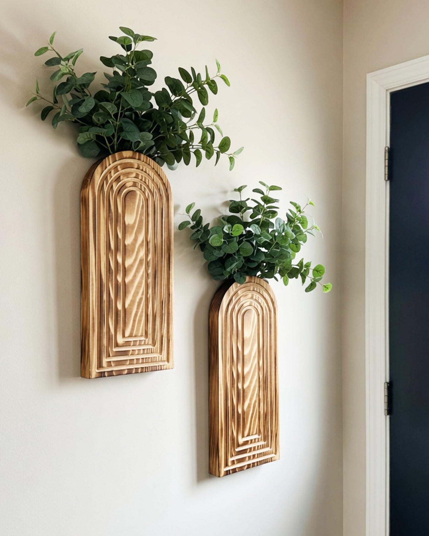 2 Pack Wooden Wall Vase Set - Boho & Modern Farmhouse Wall Decor, Hanging Planter for Indoor Plants & Flowers, Wood Mounted Art for Living Room, Bathroom, Hallway, Home Decor (Burnt Wood, Medium)