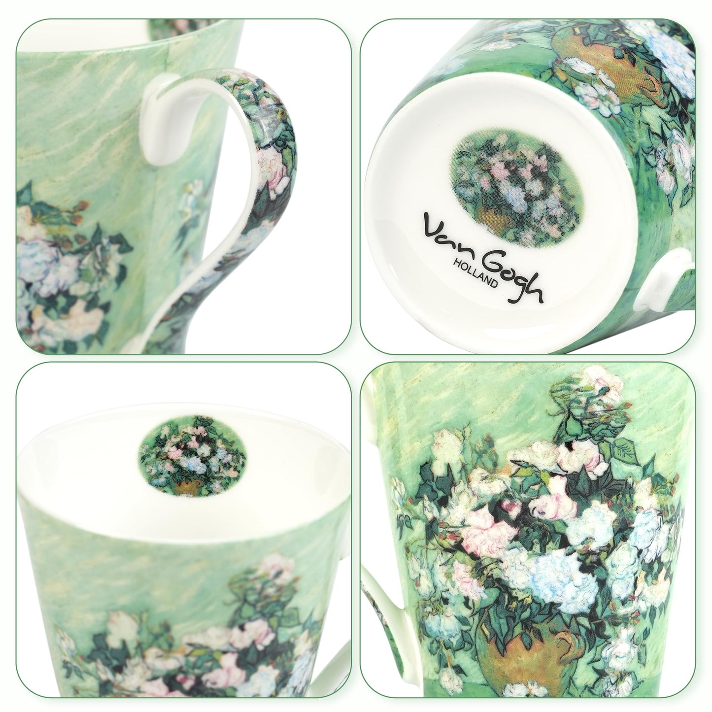 AOTELIDA Coffee Mug Sets of 4, 12oz Bone China Porcelain Cups with Art Print Large Handle Dishwasher Microwave safe for Tea Cocoa or Hot Chocolate