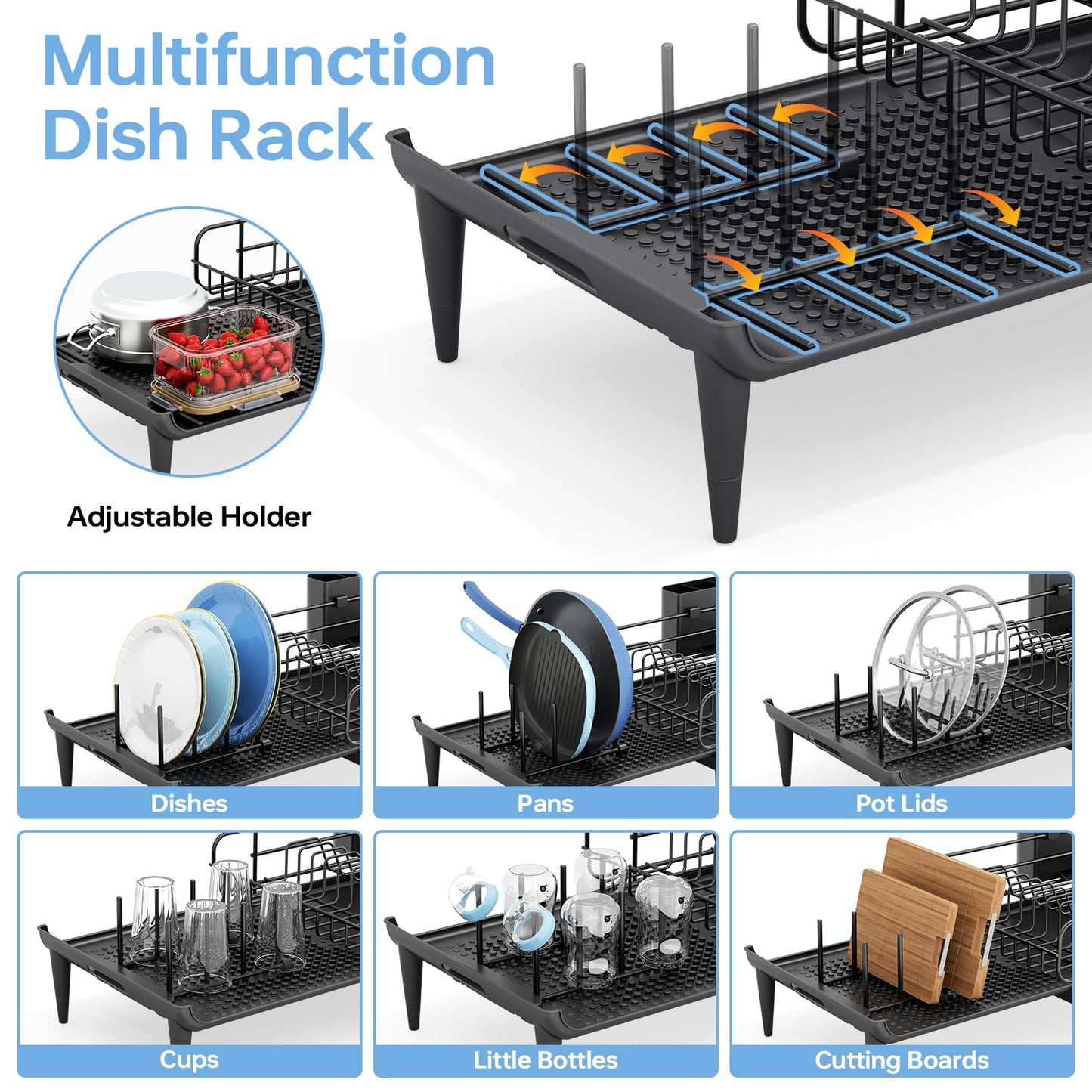 TOOLF Large Dish Drying Rack, Expandable Dish Rack for Kitchen Counter, Multifunctional Dish Drainer, Organization and Storage Essentials with Cup & Cutlery Holders, 16.7"-26.8" L x 12.6" W, Black