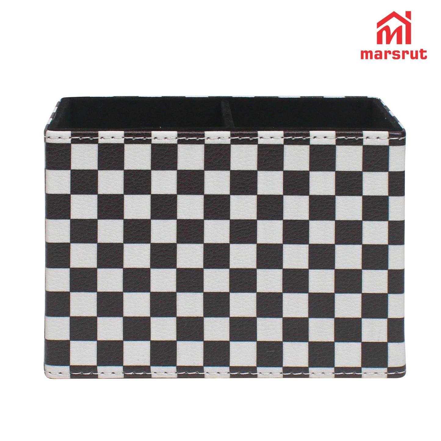 Checkered Pencil Box Desk Accessories for Office Decor, Desktop Pen Holder, Black White Racing Style Organizer Case Stand Cup Storage for Makeup Brush Study Table, with 2 Compartments, Sturdy Leather