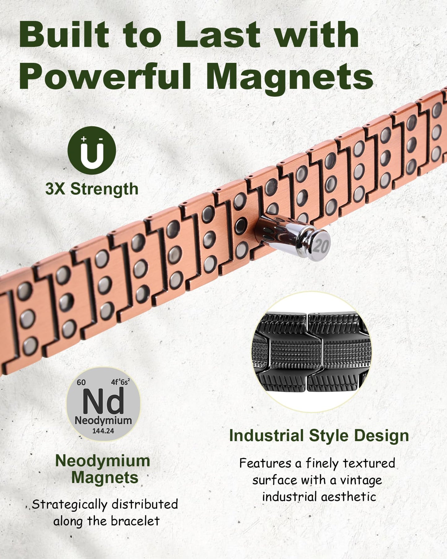 MagEnergy Copper Bracelet for Men, 3X Strength Magnetic Bracelet with 99.99% Pure Copper Ring & 3500 Gauss Magnets, Adjustable Length with Sizing Tool