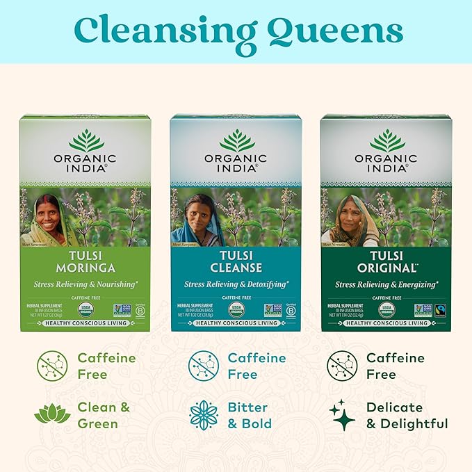 Organic India Tulsi Cleanse Detox Tea - Holy Basil, Ginger, Turmeric, Herbal Tea, Stress Relieving & Cleansing, Immune Support, Adaptogen, Organic, Non-GMO, Caffeine-Free - 18 Infusion Bags, 6 Pack