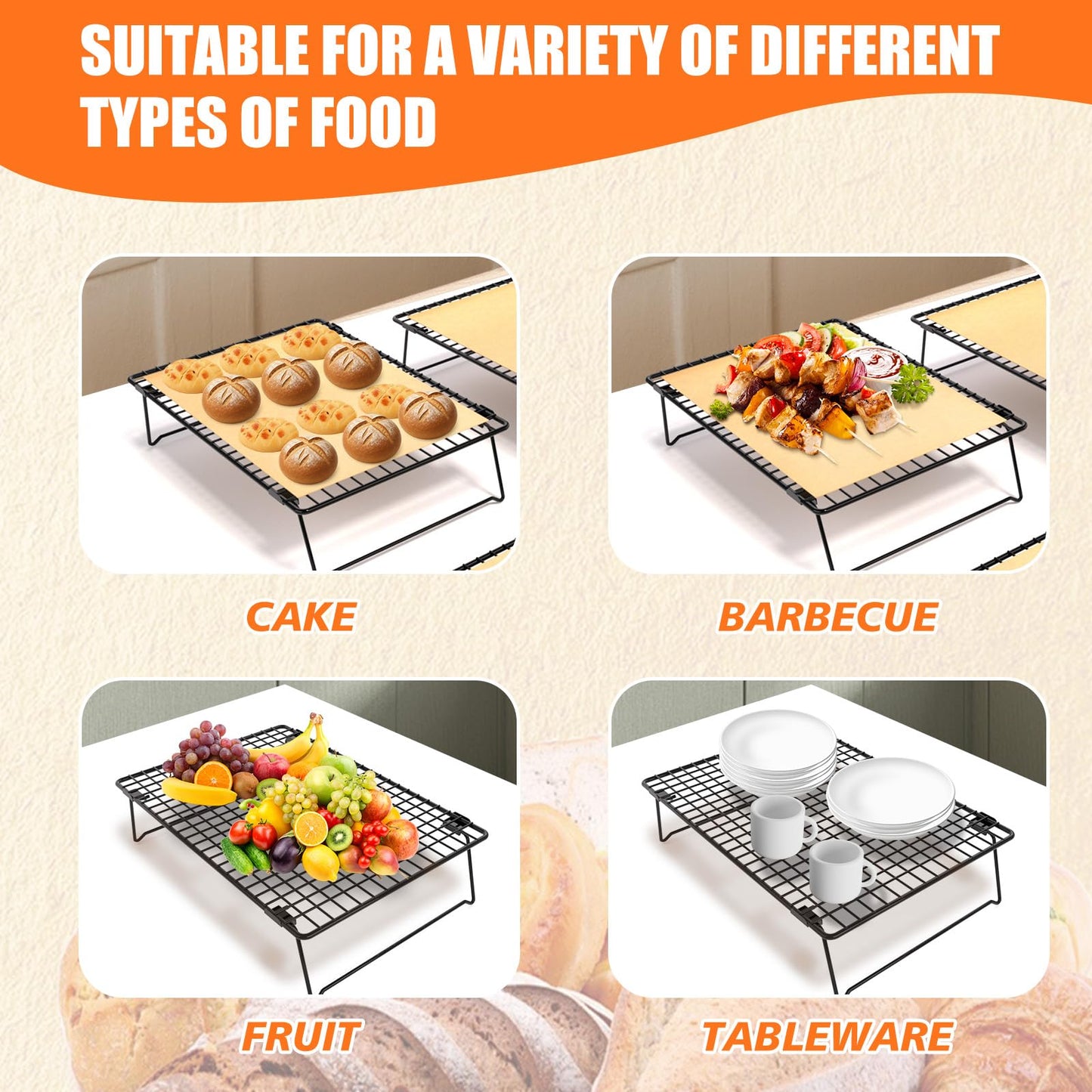 ZHIWUJIA 2-Tier Stackable Cooling Rack with Legs, 13"x 9" Nonstick Collapsible Wire Rack with 50 Pcs Parchment Paper for Baking Cookies, Cakes, Bread, Pizza