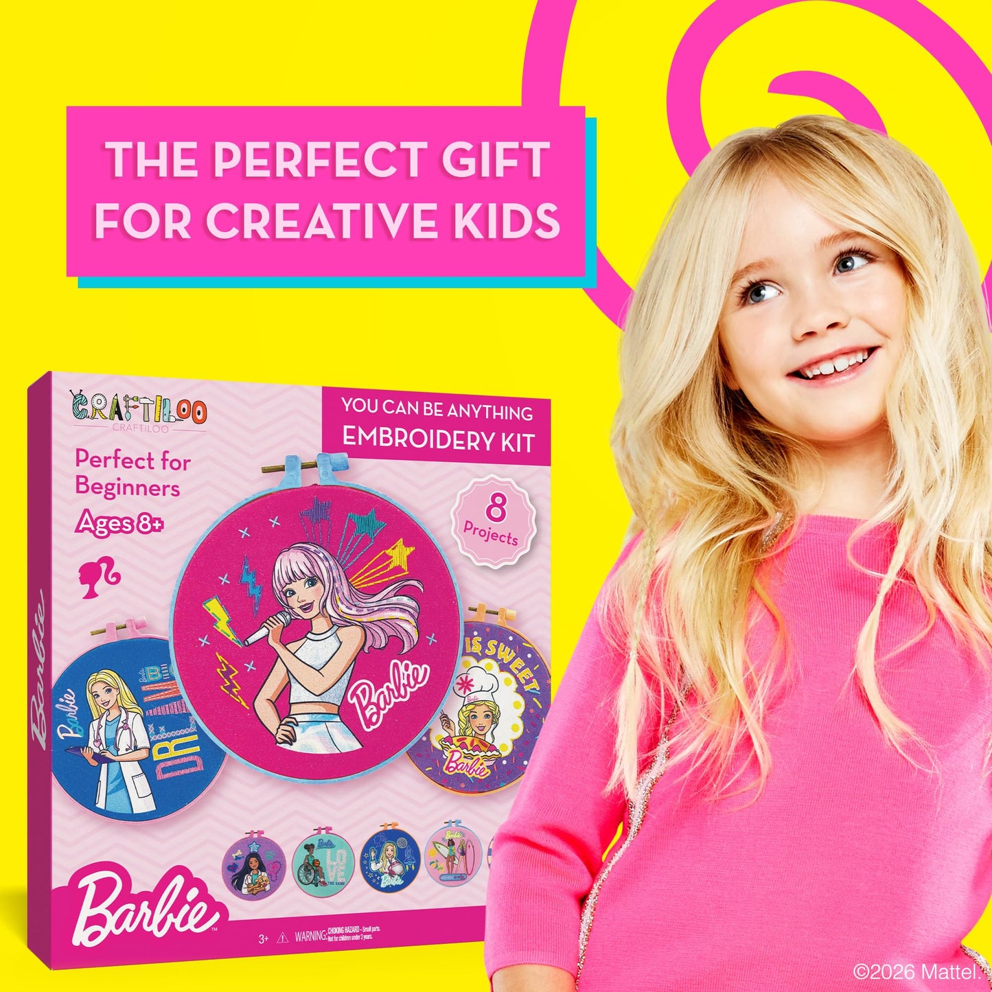 Barbie® Kids Embroidery Kit for Girls Ages 8-12 - Beginner Craft Kit with 8 Designs, 2 Hoops, Thread & Needles - Sewing Arts and Crafts Gift Set