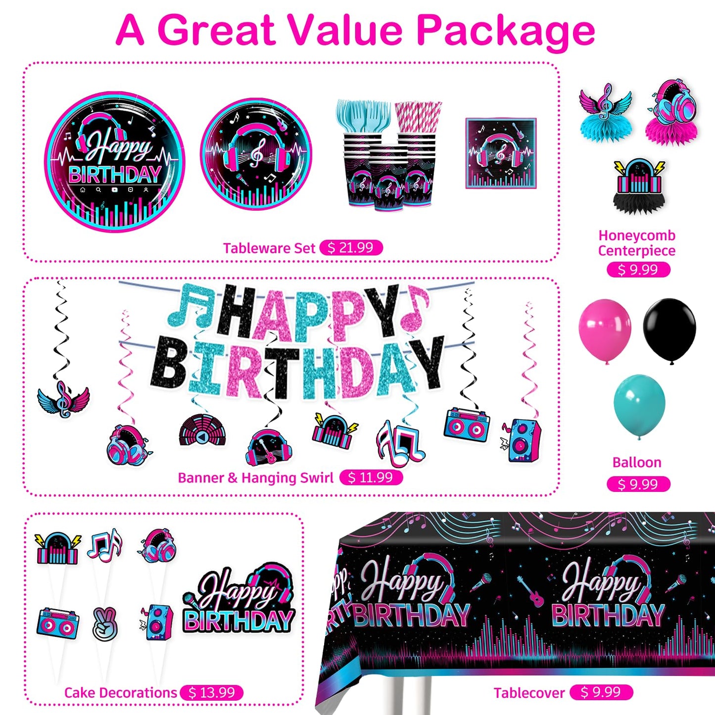 wellspar 208pcs Karaoke Party Decorations Complete Tableware Set, for 25 Guests, Karaoke Birthday Party Decorations, Disposable Plates, Pre-strung Banner, Tablecloths for Music Birthday Decor
