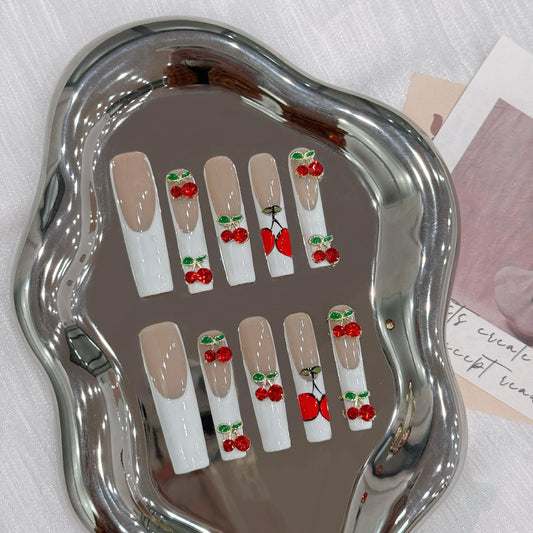 MNAFAYY 100% Handmade Nails Cherry Extra Long 3D Gems French Press On Nails White Full Cover Luxury Gorgeous Reusable UV Finished Fake False Nails Acrylic Nail Kit With Box Gifts Women Mother's Day S