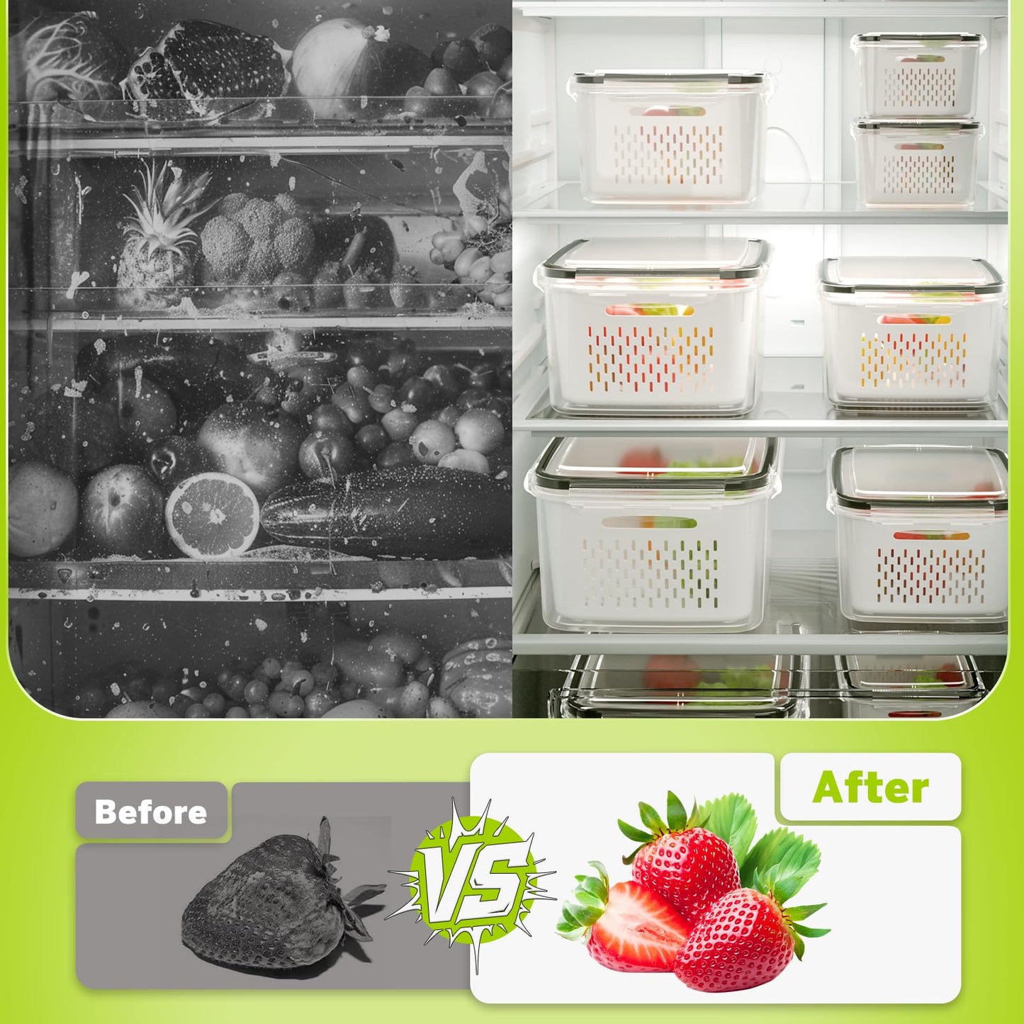 HOMETALL 5 Pack Fruit Storage Containers for Fridge, Plastic Fruit Containers for Fridge with Removable Colanders, Leakproof Fridge Organizers and Storage for Berry Vegetable Salad Lettuce Meat Food