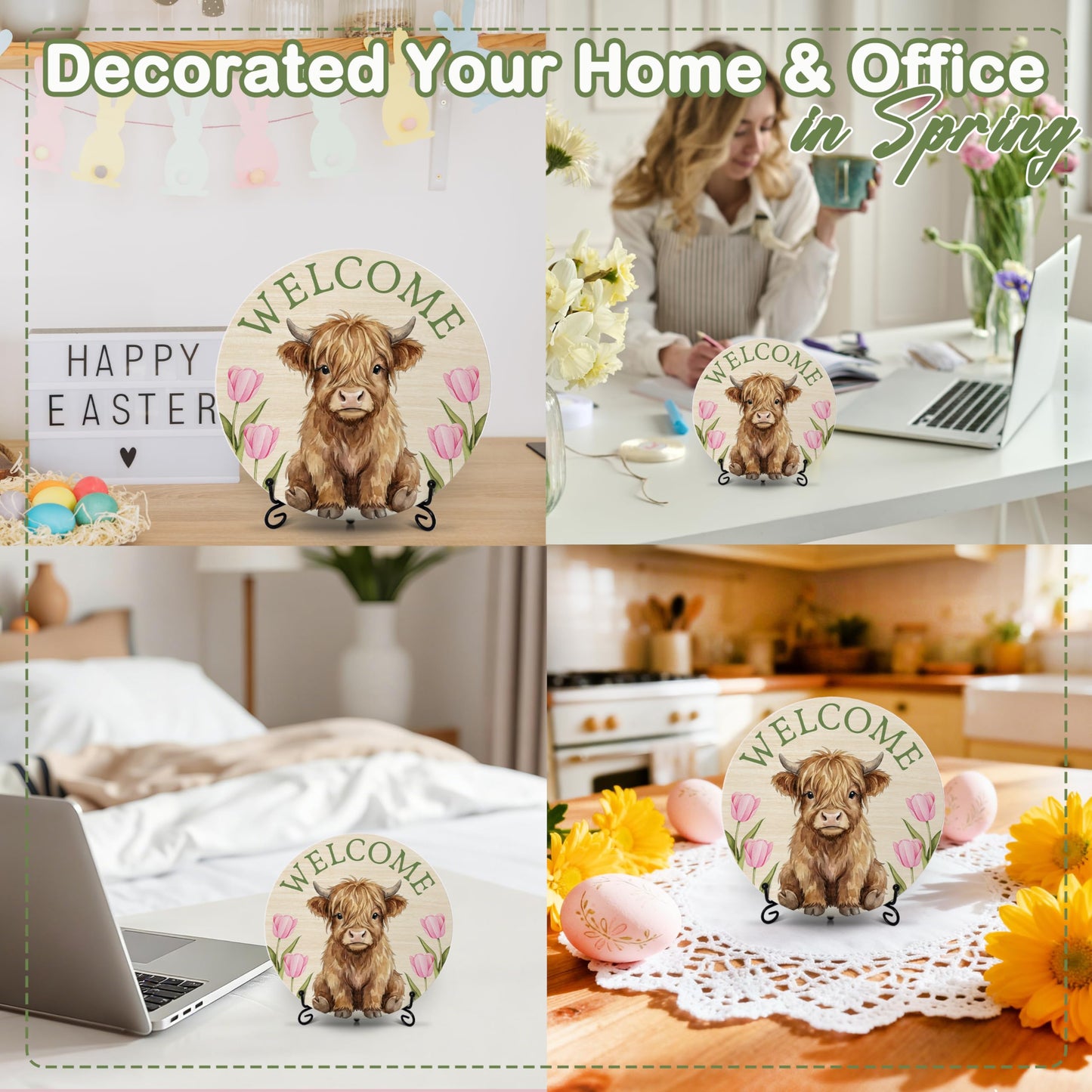 PATCATE Spring Tulip Table Decor for Home Office, 8-In Highland Cow Welcome Signs for Rustic Farmhouse Room Decor, Western Easter Gifts for Women