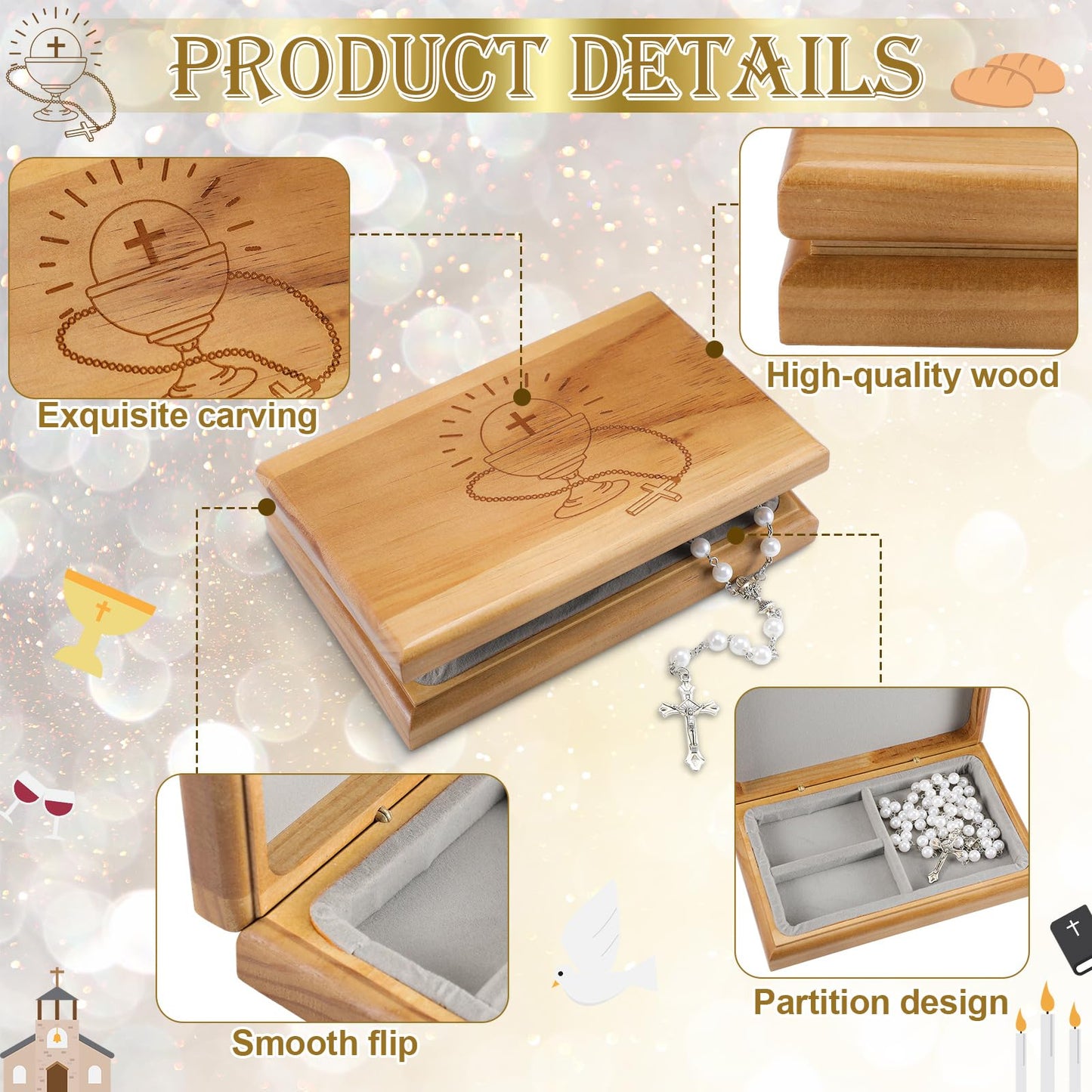 Threehoney First Communion Valet Box Wooden Jewelry Box with Felt Lining 7.5 x 4.7 x 1.6 Inch Personalized First Holy Communion Gifts for Religious Keepsakes and Rosary Beads Storage