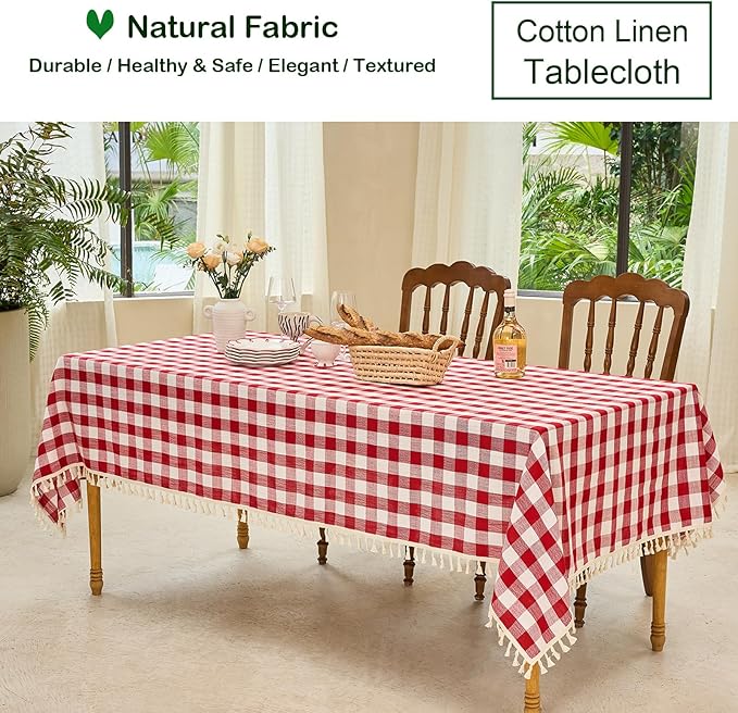 Table Cloth Rectangle Table-Rustic Gingham Tablecloth Buffalo Plaid Table Cloth for Thanksgiving Christmas Kitchen Dining Room (55x102 Inch,Red and White)