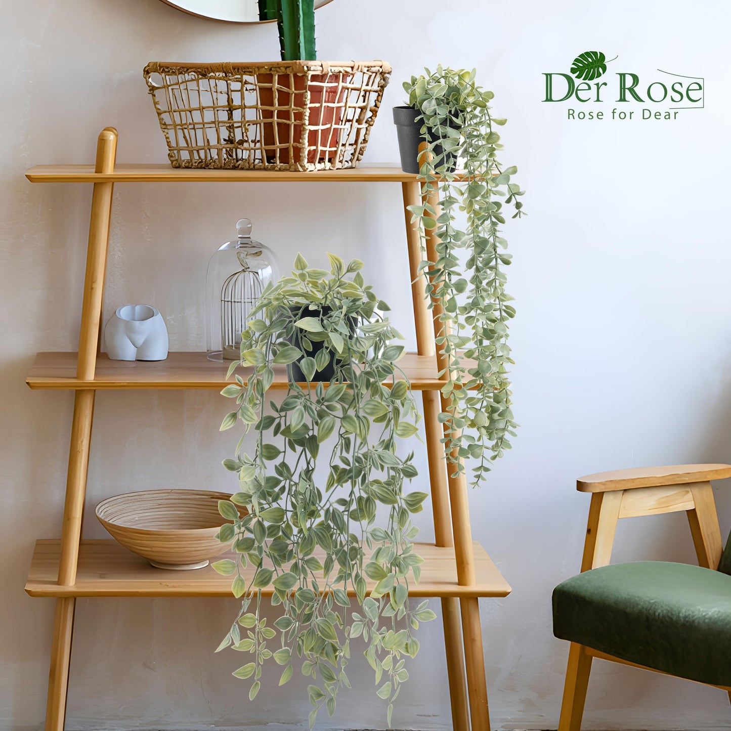 Der Rose 2Pcs Fake Plants Hanging Artificial Decor Faux Potted Eucalyptus and Pea Pod Plants for Boho Bathroom Home Office Desk Wall Shelf Bookcase Accessories Decor Indoor