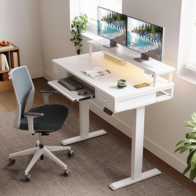AODK Electric Standing Desk with Drawers & Keyboard Tray, 47 Inch Height Adjustable Small Gaming Desk with Power Outlets & LED Lights, Sit Stand Table with Monitor Stand for Home, Office, White