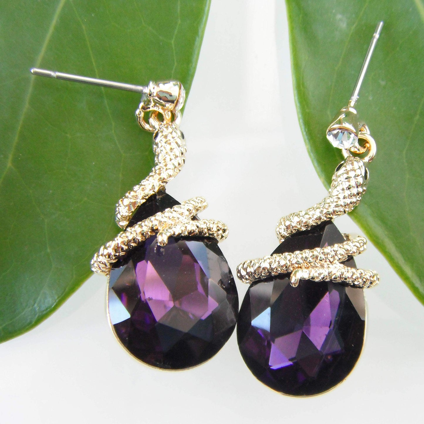 Navachi 18k Gold Plated Crystal Purple Zircon Snake Drop Dangle Earrings
