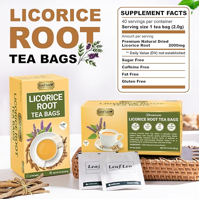 LeafLea 80 Licorice Root Tea Bags, Pure Licorice Spice Tea, Naturally Sweet, Te De Regaliz Herbal Gently Supports Relaxation and Digestive Comfort, Nutrient-Rich, Vegan, Sugar- free, Caffeine Free