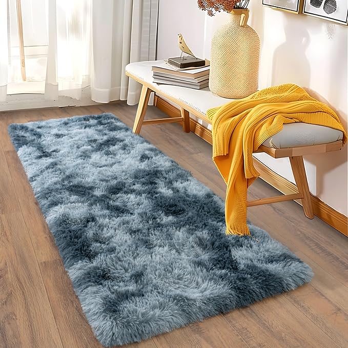 Soft Runner Rugs for Bedroom Hallways, 2x6 Tie-Dyed Blue Grey Fluffy Shag Throw Area Rug Non Slip for Bedside Dorm, Long Shaggy Furry Carpet for Nursery Living Room