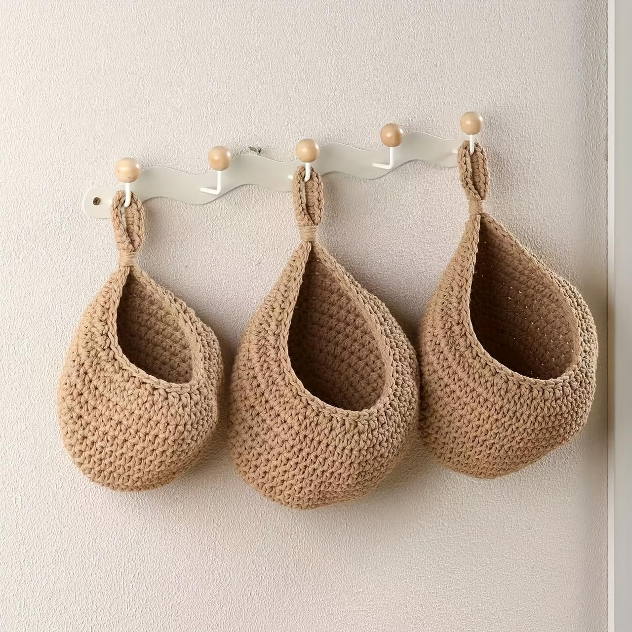Hanging Storage Baskets Boho Decor Set of 3, Handmade Cotton Rope Wall-Mounted Fruit & Vegetable Baskets, Decorative Hanging Organizers for Kitchen, Entryway, Bathroom & Bedroom