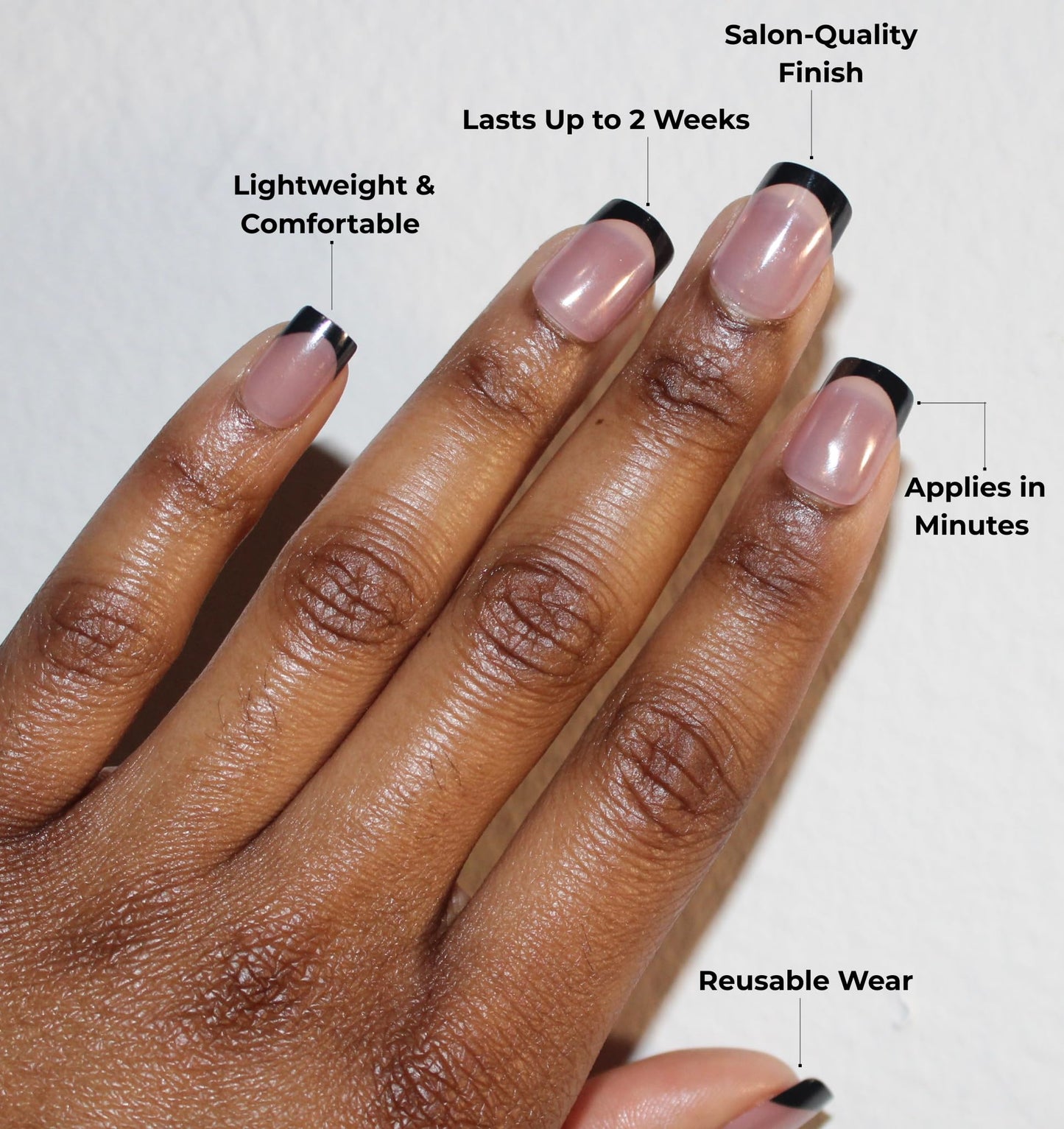 The Beauty Palace Short Square French Tip Press-On Nails - Midnight – Glazed Sheer Nude with Black Tips, Glossy Finish, 24-Piece Set