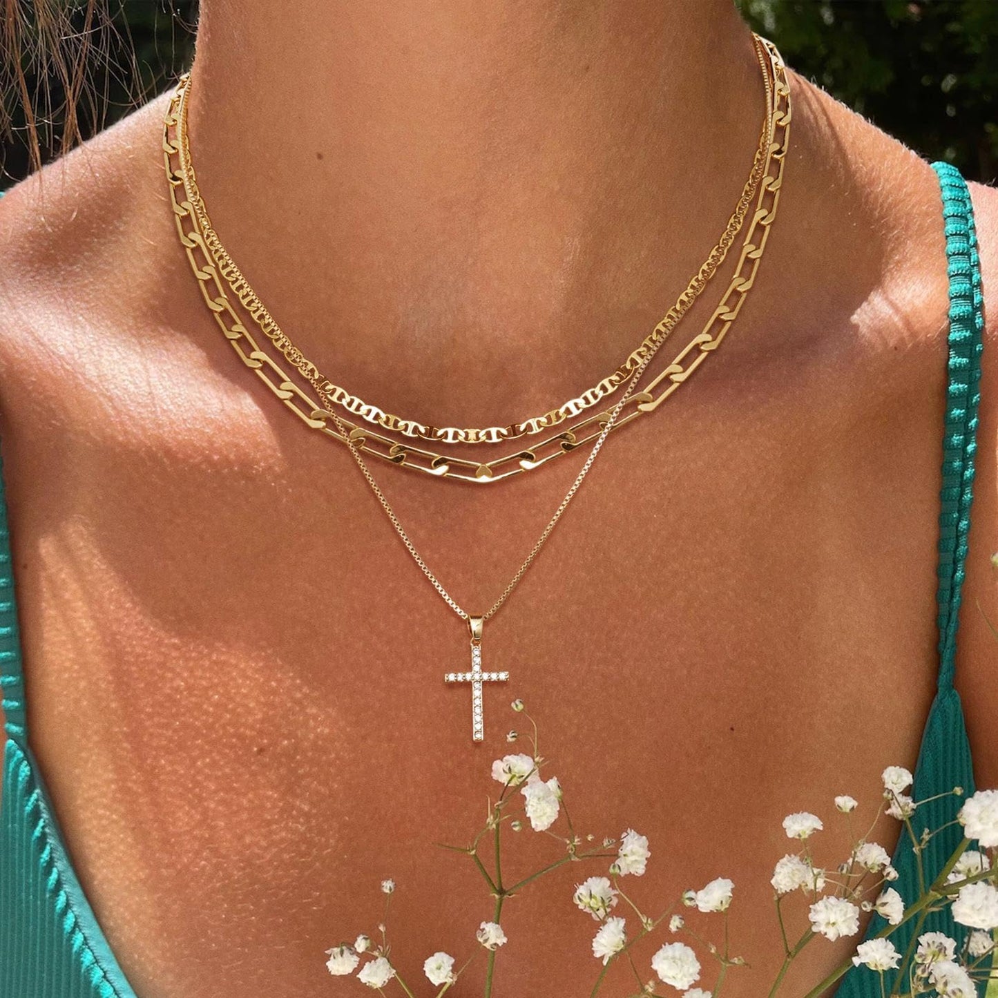 MFRYK Gold Necklaces Stack For Women,14K Gold Plated Simple Layered Choker Necklaces,Stackable Multilayer Gold Small Square Pendant Box Paperclip Chain Layering Necklaces Set Jewelry Gift for Women