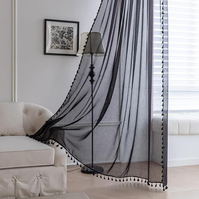 Black Sheer Curtains 72 inch Long, Fringed Edges and Textured Semi Sheer Curtains Large Window Treatments for Living Room/Bedroom, 3 Panels