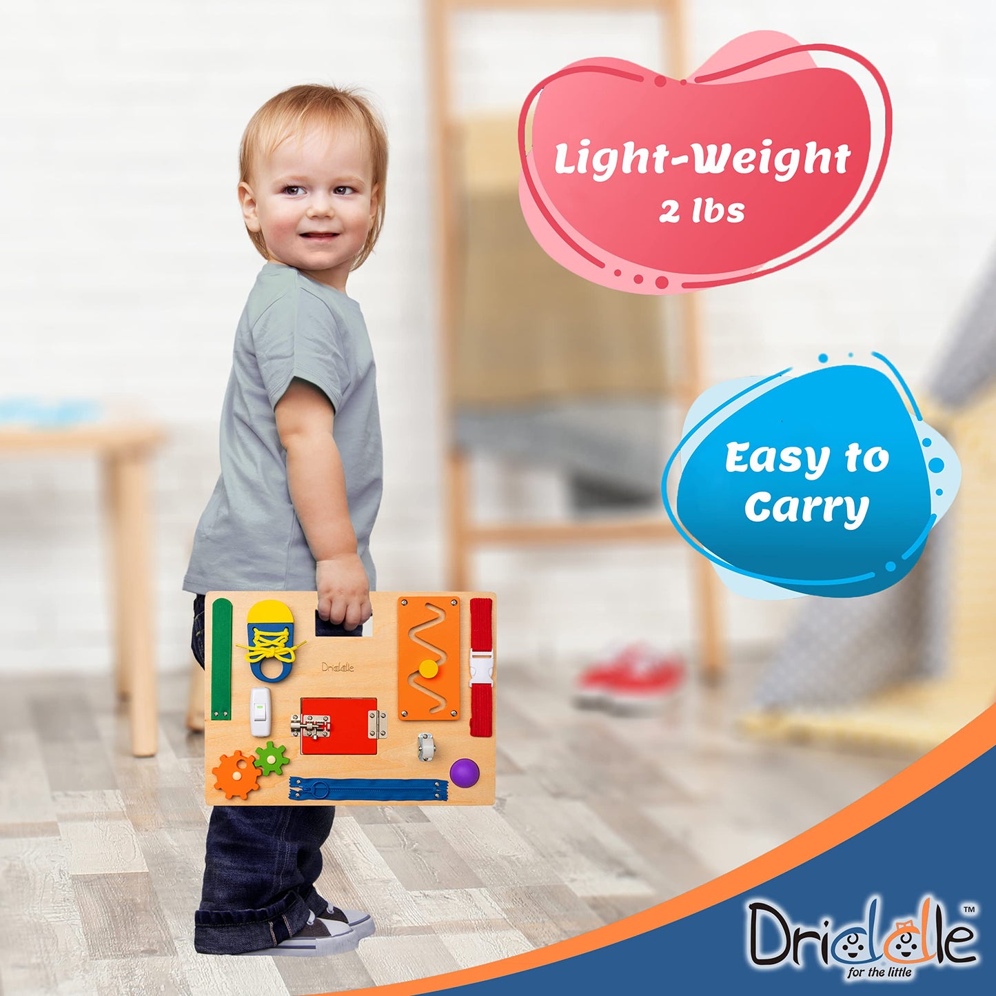 Driddle Busy Board - Wooden Montessori Activity Board for Toddlers & Kids - 12 Educational Sensory Toys to Learn Basic Life Skills & Develop Fine Motor Skills + Baby Mirror