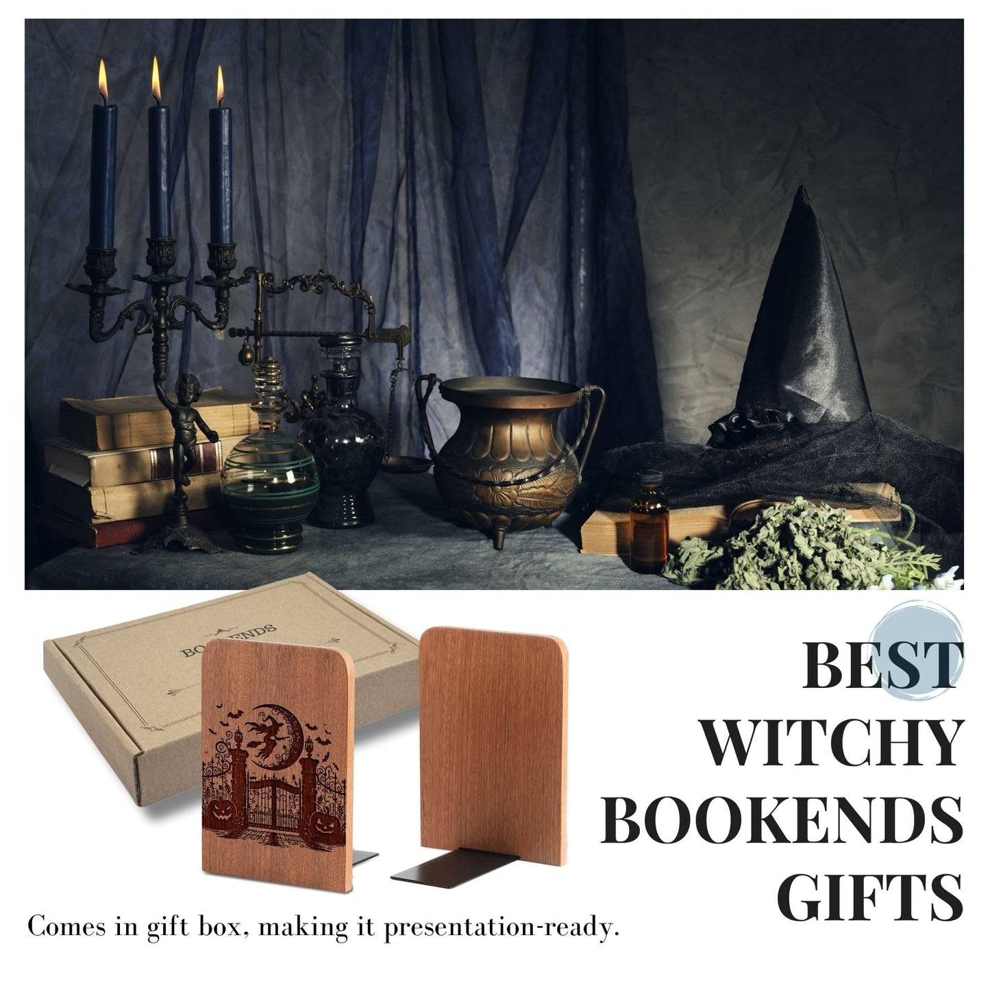 Goth Gifts for Women Men, Gothic Bookends, Heavy Duty Wooden Book Ends for Shelves Decorative(1 Pair, 4.72x6.69 Inches) - Witch