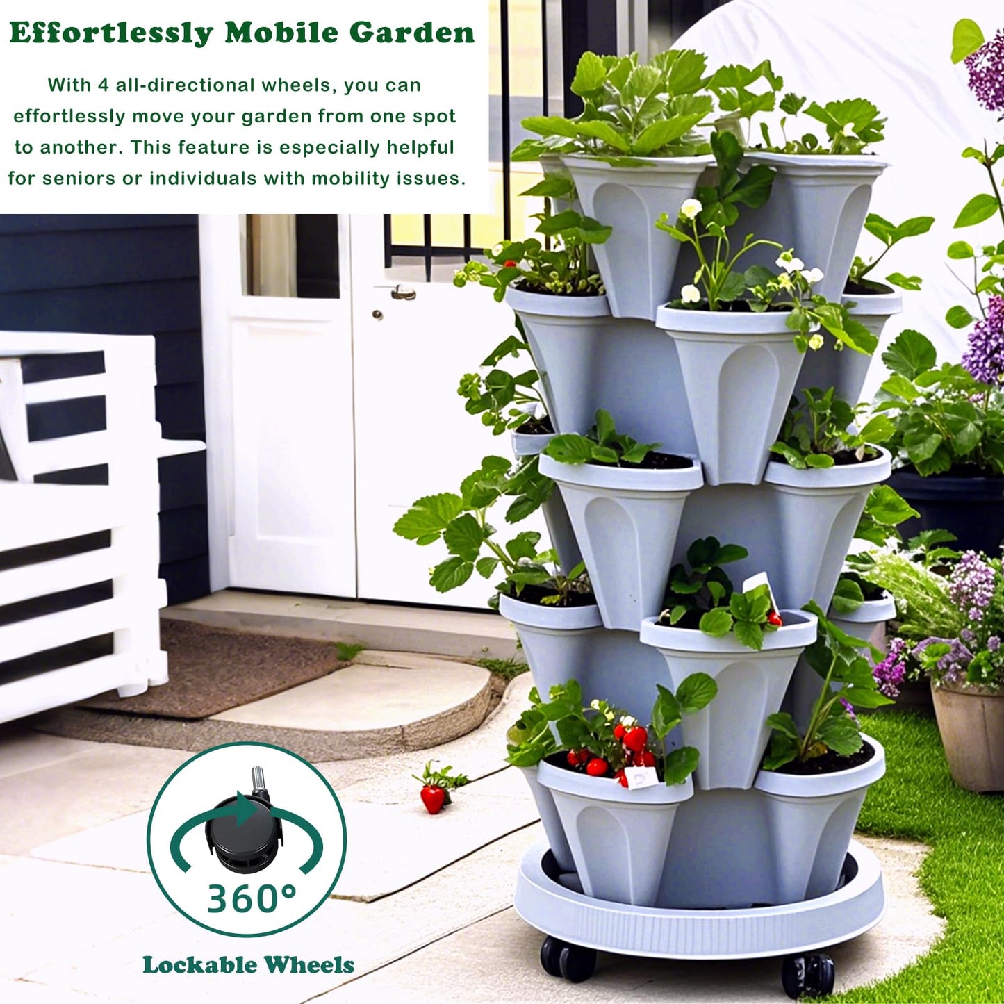 Lykvrii Strawberry Planters, 3 Tiered Vertical Stackable Planter, Herb Stacking Tower Garden, Flower Vegetable Planters with Support Pole, Indoor & Outdoor with Removable Wheels - White