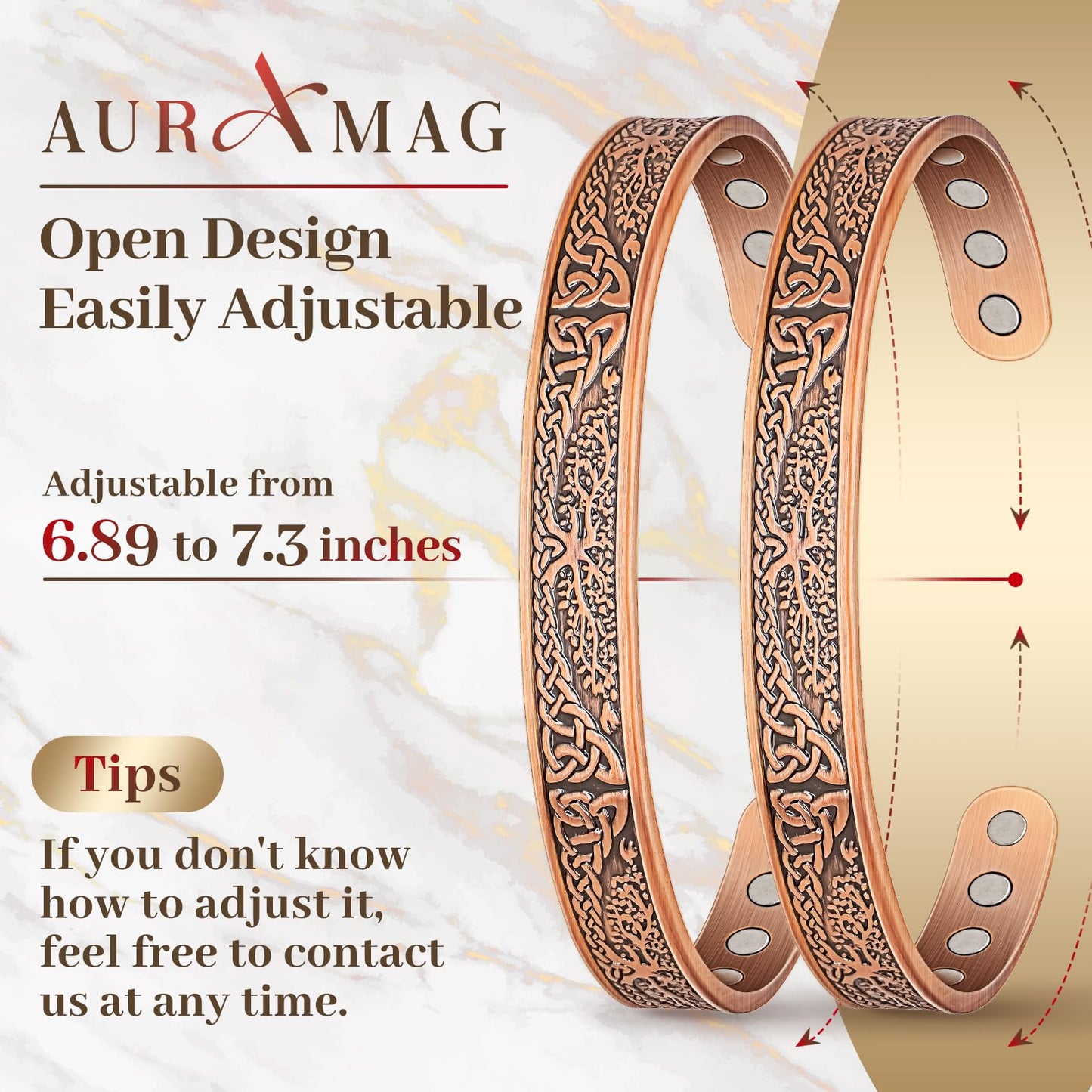 Auramag Magnetic Bangle for Women, 99.99% Pure Copper Cuff Bangle with 3500 Gauss Magnets, Copper Jewelry Gift Adjustable (Set of 2)