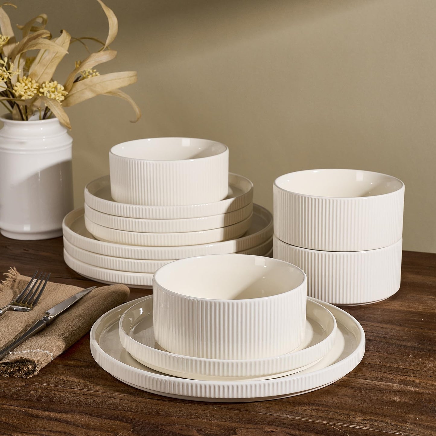 Richmount Star 12-Piece Plates and Bowls Set, Porcelain Dinnerware Sets for 4 Service, Modern Dish Set-Chip and Scratch Resistant, Dishwasher & Microwave Safe, Creamy White