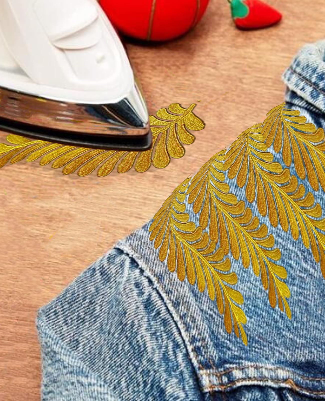 MSCFTFB 4 Pairs Leaves Iron on Patches,Decorative Ivy Embroidered Patch,Fabric Repair Patch for Clothes Jean Jacket Pant Vest Backpack Appliques Embellishments (Gold)