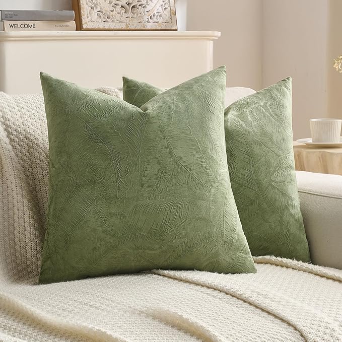 FUTEI Sage Green Velvet Throw Pillow Covers 20x20 Inch Set of 2,Soft Embossed Leaf-Relief Textured Cushion Cases,Natural Home Decor for Couch Living Room