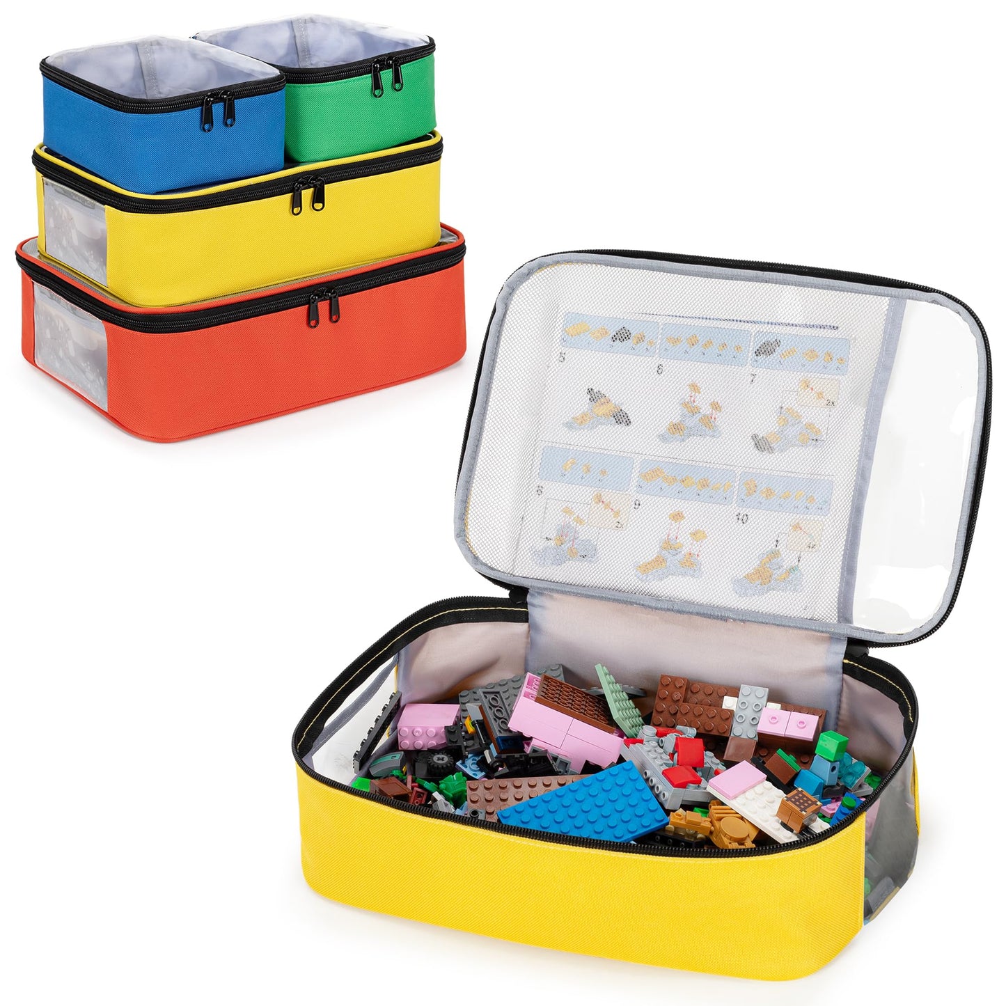 Rexmica 4-piece Toy Storage Organizer Bag, Travel Organizer Case for Building Blocks, Dolls, Crafts, Magnetic Building Tiles, Blocks Toy Storage Bag with Visible Top