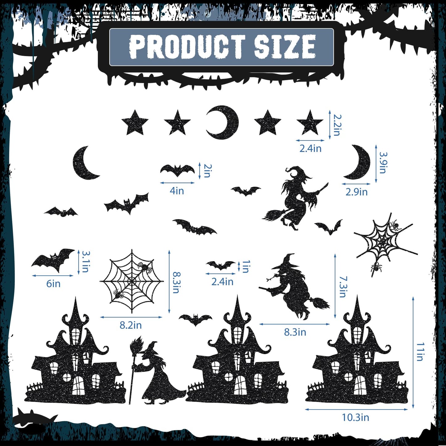24PCS Glitter Black Halloween Witch Bats Magnetic Stickers Spider Web Castle Refrigerator Decal Outdoor Magnets for Fridge Garage Door Car Decor