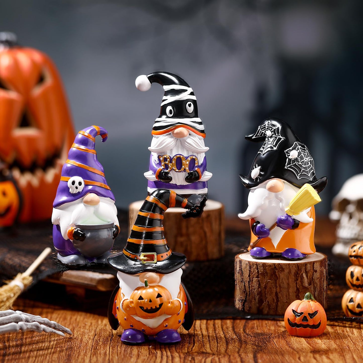 Wenqik 4 Pcs Halloween Gnomes Decor Boo Resin Gnome Figurines Spooky Gnomes Decor Halloween Tiered Tray Collectible Tabletop Decorations for Home Kitchen Office