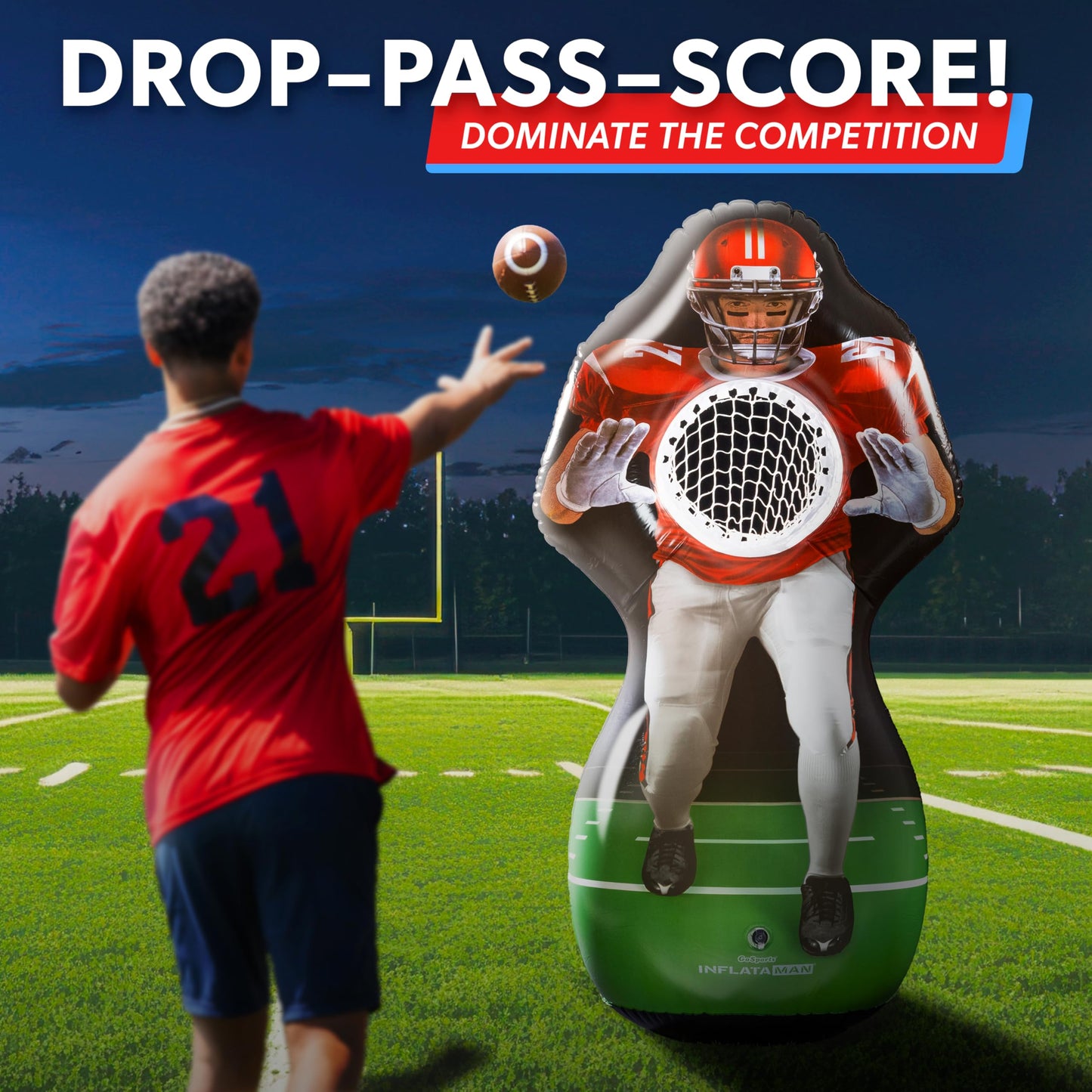 GoSports Inflataman Football Challenge - Includes 4 Rubber Footballs, Ball Pump, and Scoreboard - Inflatable Receiver Touchdown Toss Game