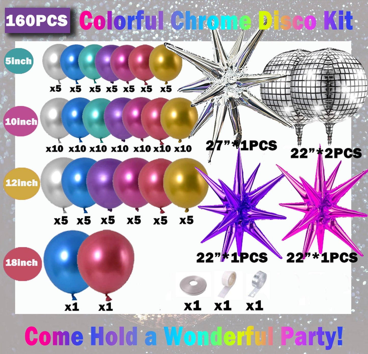 Woaipati 161pcs Shiny Chrome Balloon Garland Arch Kit Retro Disco Dance Party Decorations with 4D Disco Ball Balloons and Explosion Star Foil Balloons for 80s 90s Theme Neon Birthday Galaxy Supplies