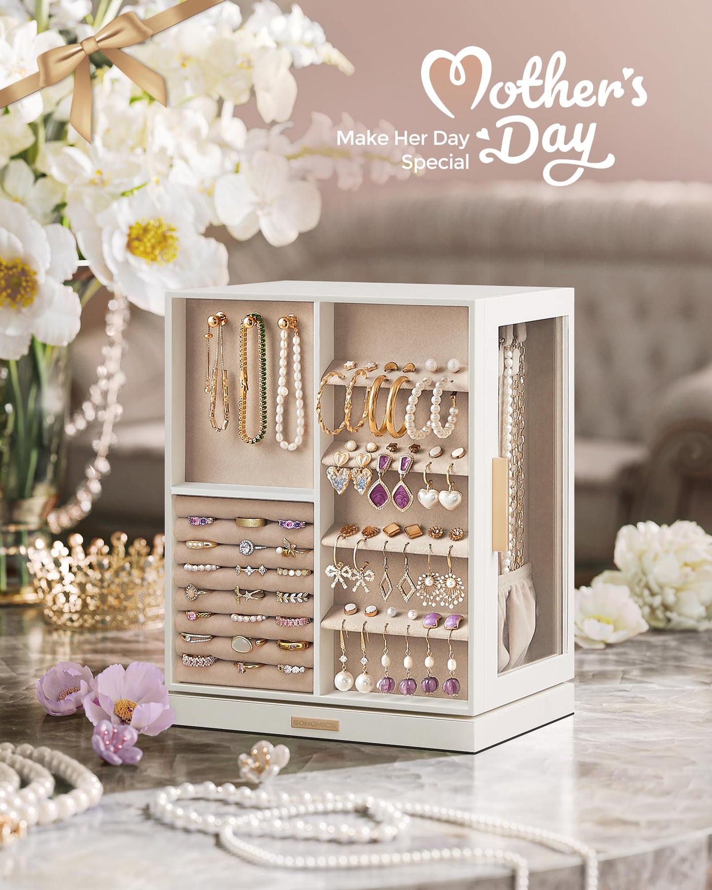 SONGMICS Jewelry Box 360° Rotating, Jewelry Storage Case with 5 Drawers, Jewelry Organizer, Glass Window, Spacious, Vertical Jewelry Storage, Open Design, Great Gift, Cloud White UJBC170W01