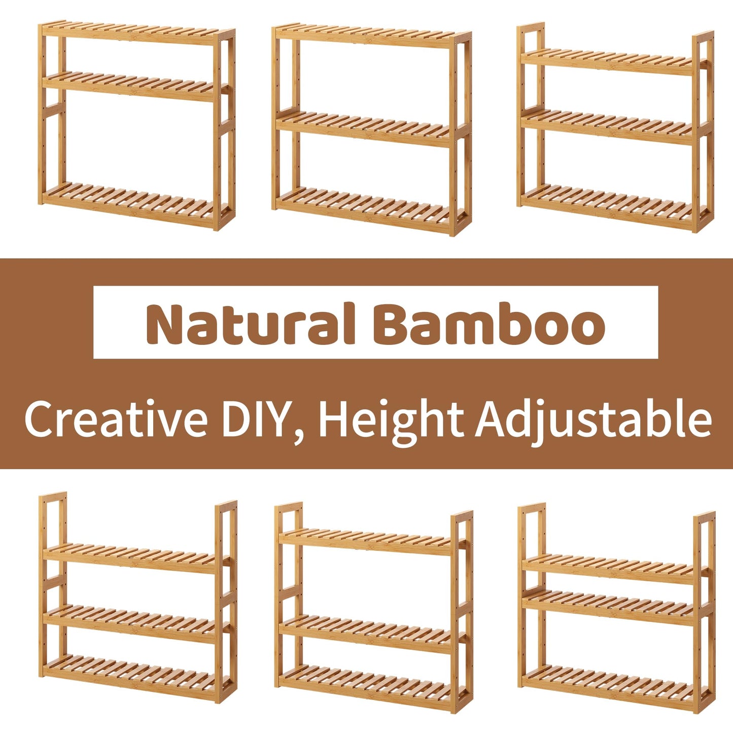 FILWH Bamboo Organizer Rack - Adjustable 3-Tier Storage Shelf, Wall Mounted or Over The Toilet, Living Room, Kitchen (Natural)