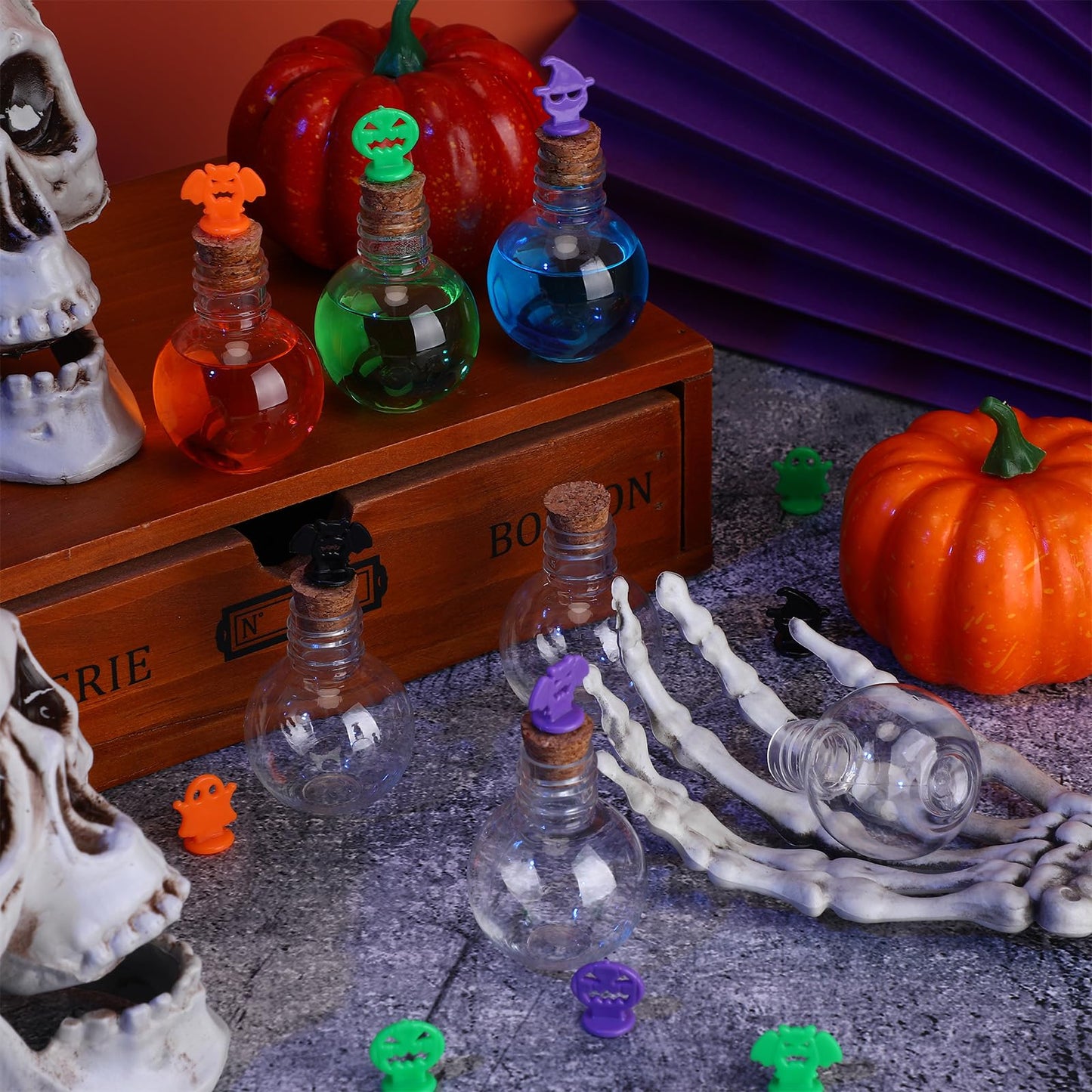 Bokon 36 Pack Mini Plastic Bottles with Corks Funnels Plastic Potion Bottles Tiny Clear Sand Art Jar Wishing Vial Witch Potion Jars for Decorations Birthday Party DIY Crafts Gift(Spherical)