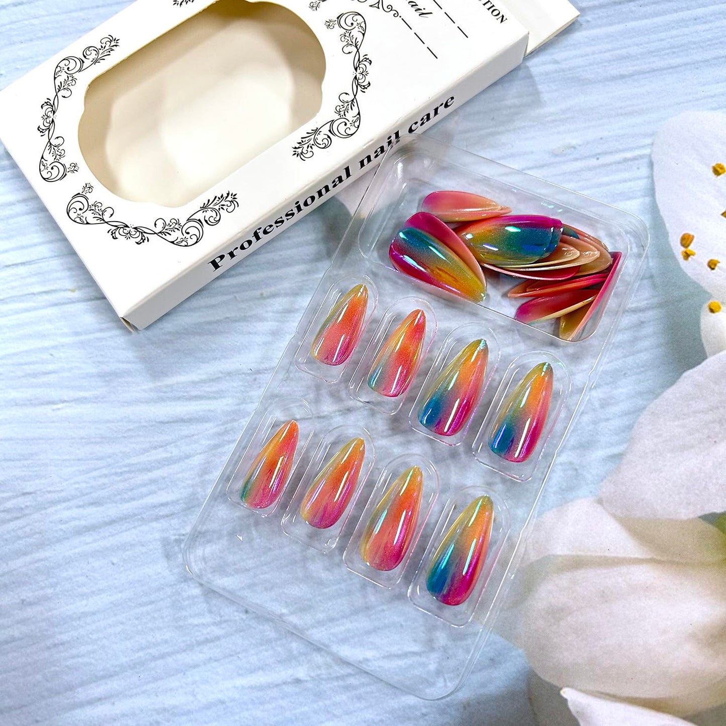 CJDLTS Almond Press on Nails Medium Colorful Plating False Nails Glossy Reusable Full Cover Coffin Nails Acrylic Artificial Nails Almond Stick on Nails DIY Glue on Nails for Women Manicure Kit 24Pcs
