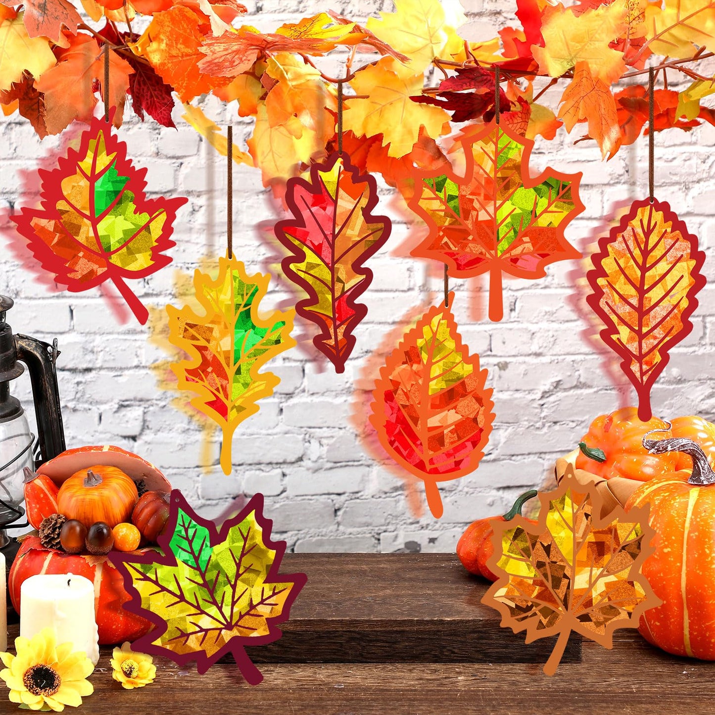 Motipuns 32 Sets Thanksgiving Day Maple Leaf Suncatchers Craft Kits DIY Fall Leaf Tissue Paper Crafts Stained Glass Effect Tissue Paper Kit for Autumn Halloween Window Art