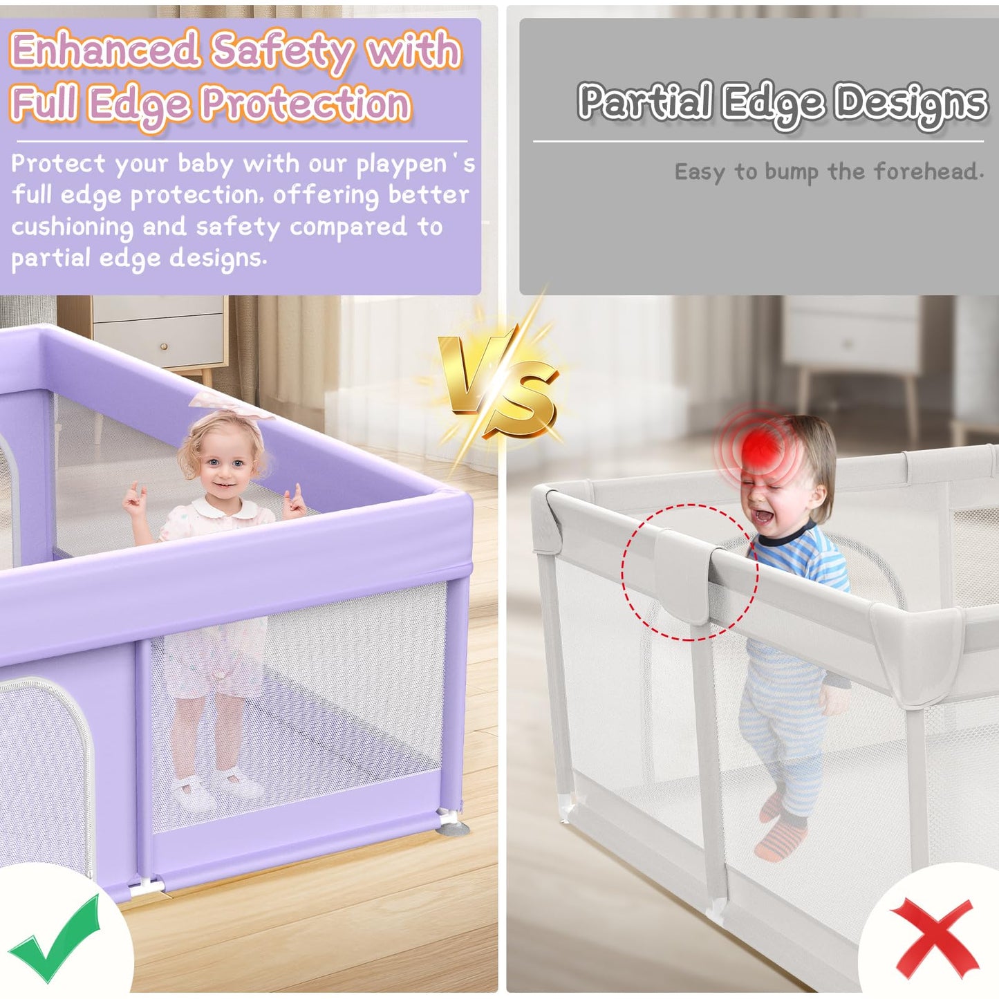 Baby Playpen with Mat 64"x64" - Playpen for Babies and Toddlers with Mat for Apartment - Play Yard with mat Included - Soft Breathable Mesh - All-Wrapped Sponge Play Pen with Handle & Bag (Purple)